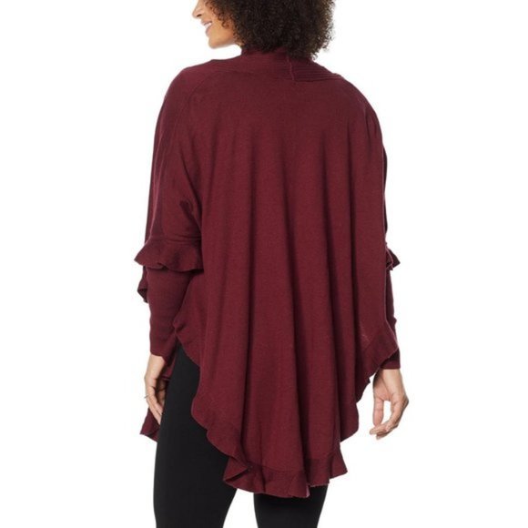 NWT‎ COLLEEN LOPEZ OPEN FRONT RUFFLE PONCHO SWEATER WINE M/L - Picture 2 of 11